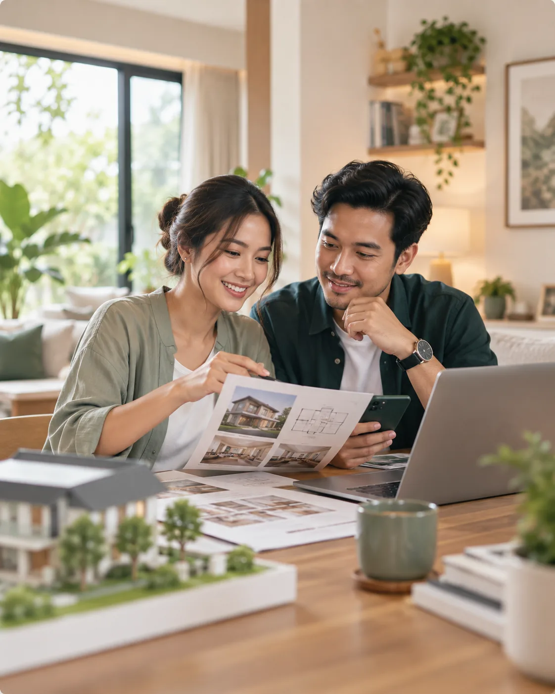 Dua orang membahas denah rumah di meja dengan laptop dan maket rumah